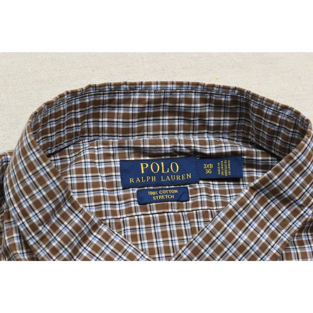 Polo Ralph Lauren Shirt 3XB Brown Blue Plaid Check 100% Cotton Stretch Long Slee